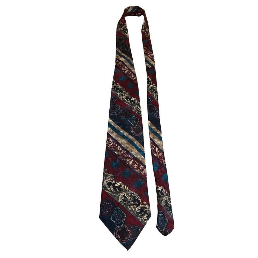 Vintage Bench Mark USA Silk Necktie Burgundy Gold Baroque Retro 90s Pasiley